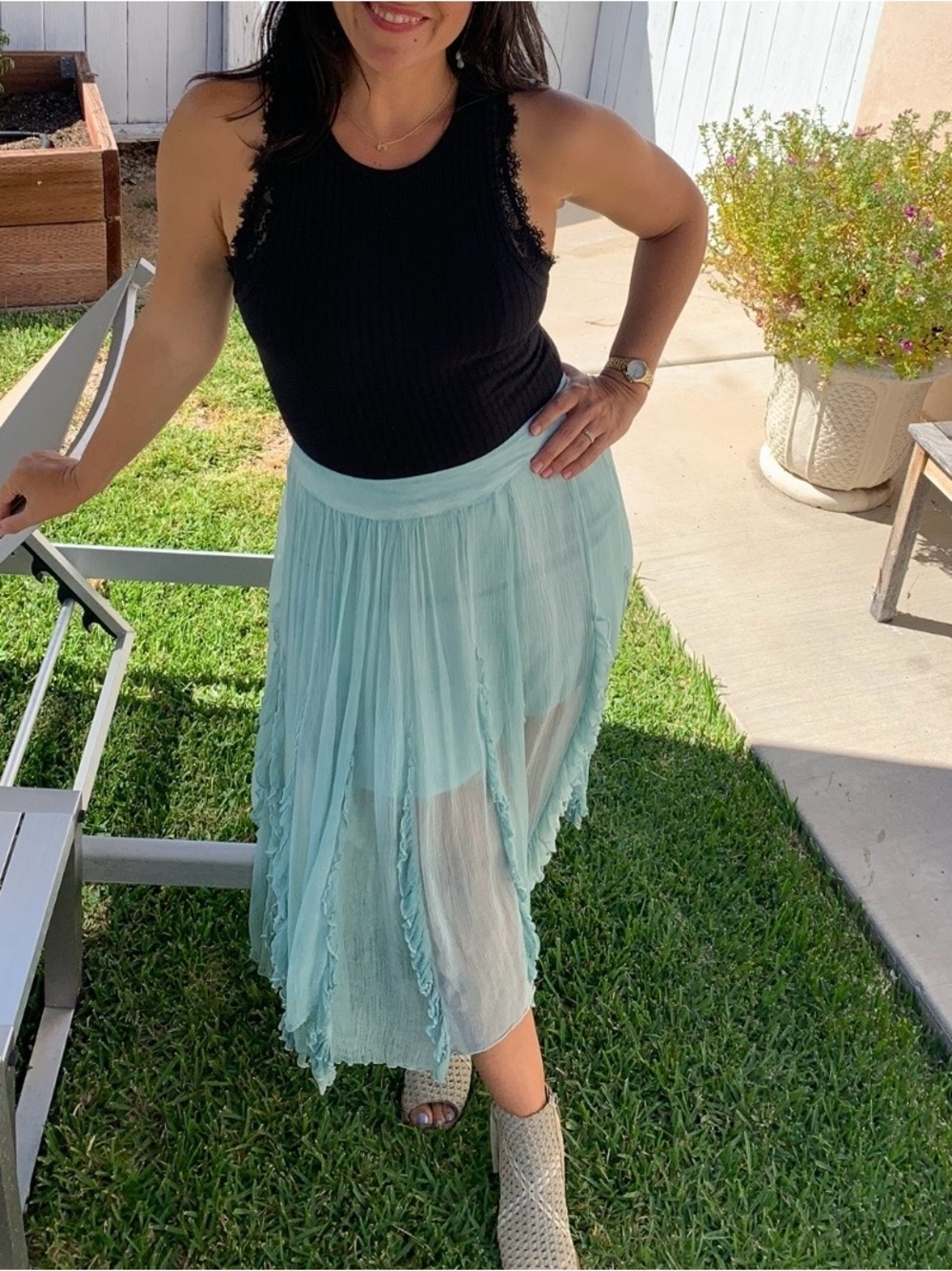 Free People Light Aqua Crinkle Asymmetrical Maxi Skirt